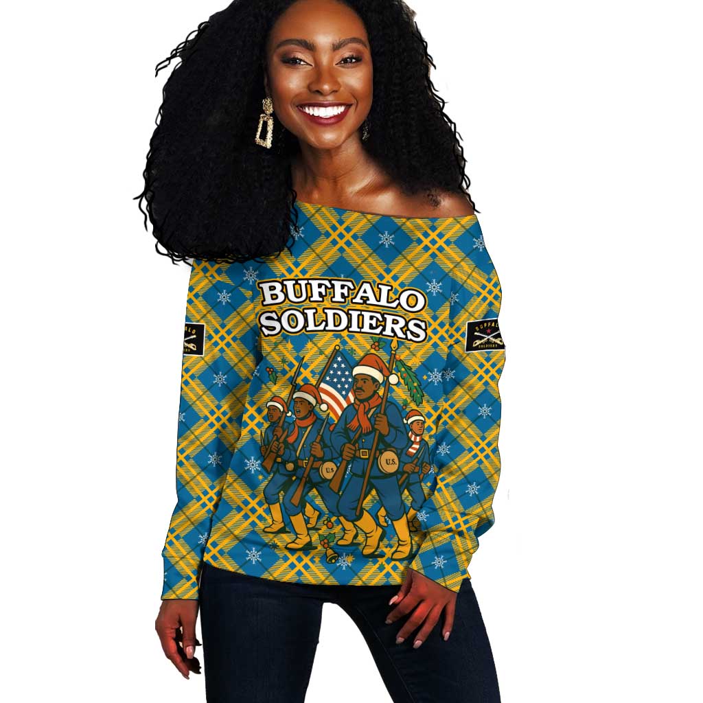 Buffalo Soldiers Christmas Off Shoulder Sweater Blue Yellow Plaid Parade Illustration Design - African Pride