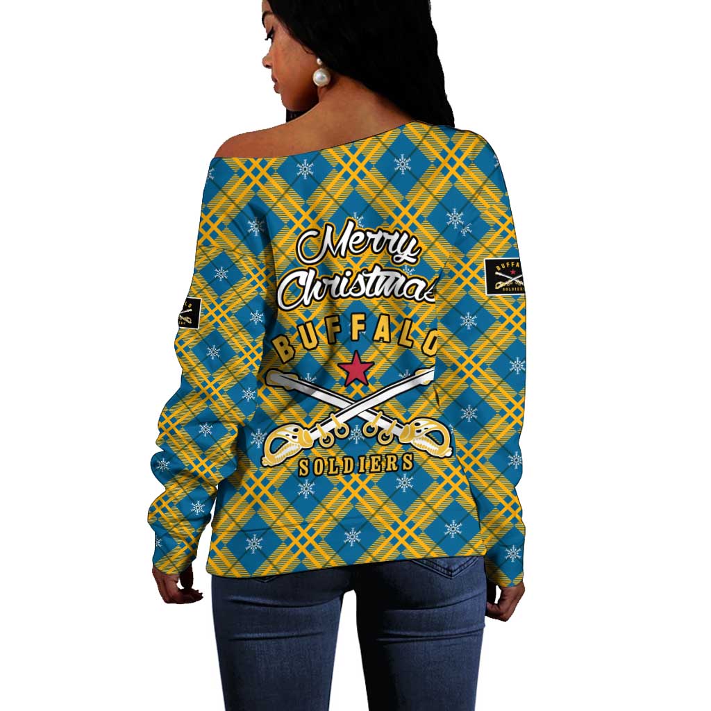 Buffalo Soldiers Christmas Off Shoulder Sweater Blue Yellow Plaid Parade Illustration Design - African Pride