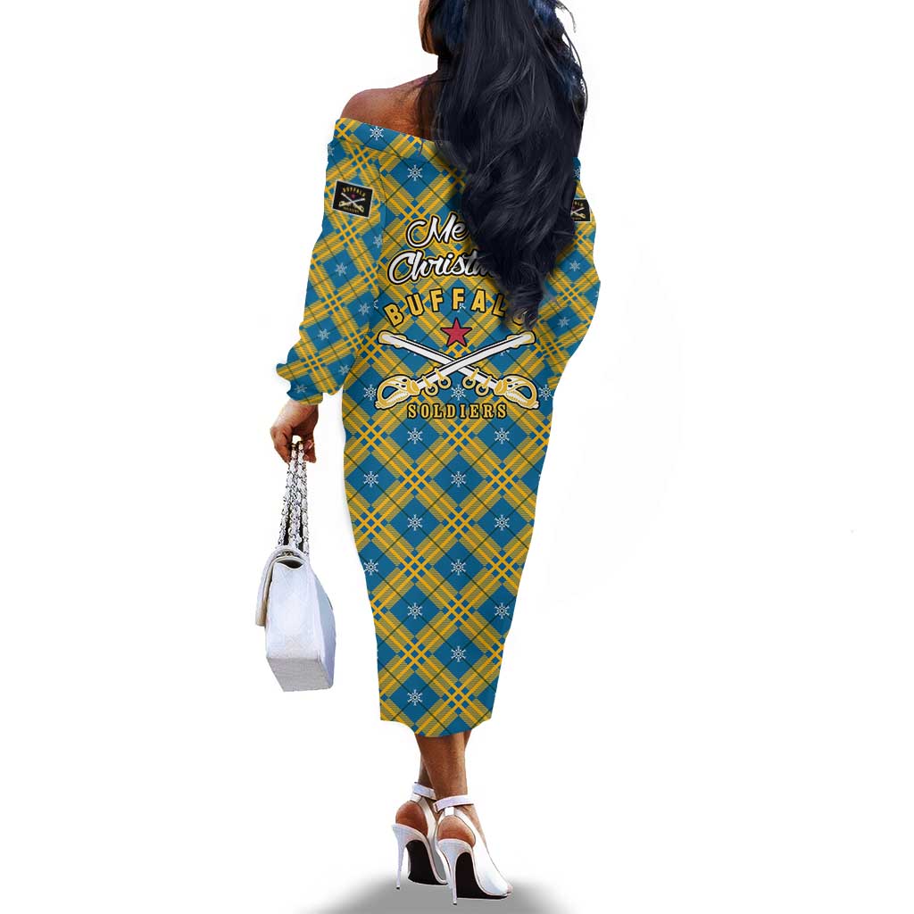 Buffalo Soldiers Christmas Off The Shoulder Long Sleeve Dress Blue Yellow Plaid Parade Illustration Design - African Pride