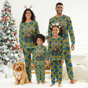 Buffalo Soldiers Christmas Pajama Set Blue Yellow Plaid Parade Illustration Design - African Pride