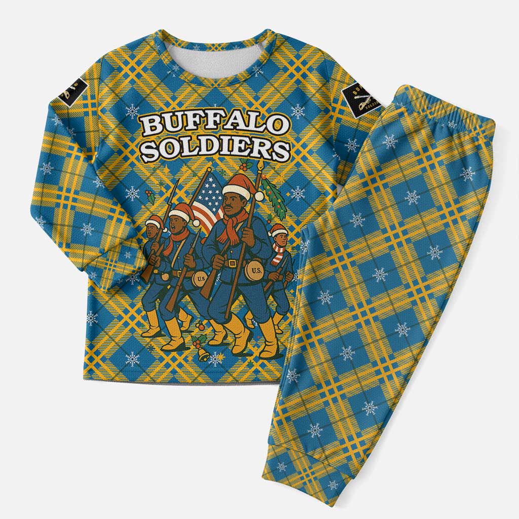 Buffalo Soldiers Christmas Pajama Set Blue Yellow Plaid Parade Illustration Design - African Pride