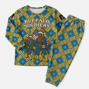 Buffalo Soldiers Christmas Pajama Set Blue Yellow Plaid Parade Illustration Design - African Pride