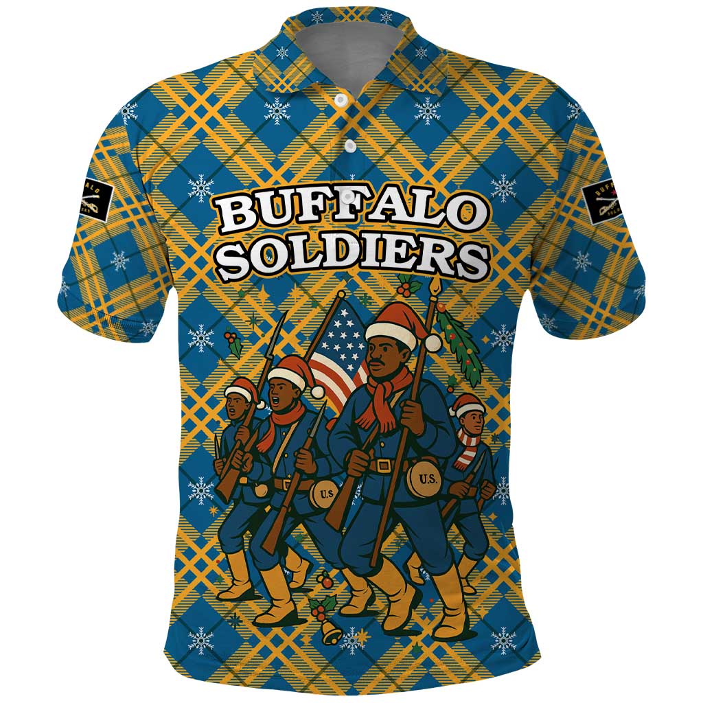 Buffalo Soldiers Christmas Polo Shirt Blue Yellow Plaid Parade Illustration Design - African Pride
