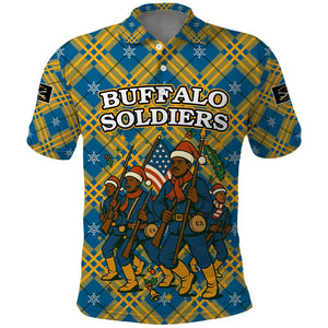 Buffalo Soldiers Christmas Polo Shirt Blue Yellow Plaid Parade Illustration Design - African Pride