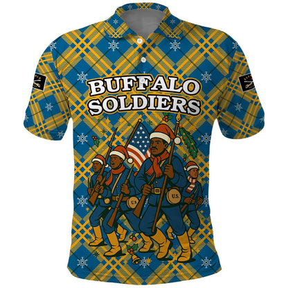 Buffalo Soldiers Christmas Polo Shirt Blue Yellow Plaid Parade Illustration Design - African Pride