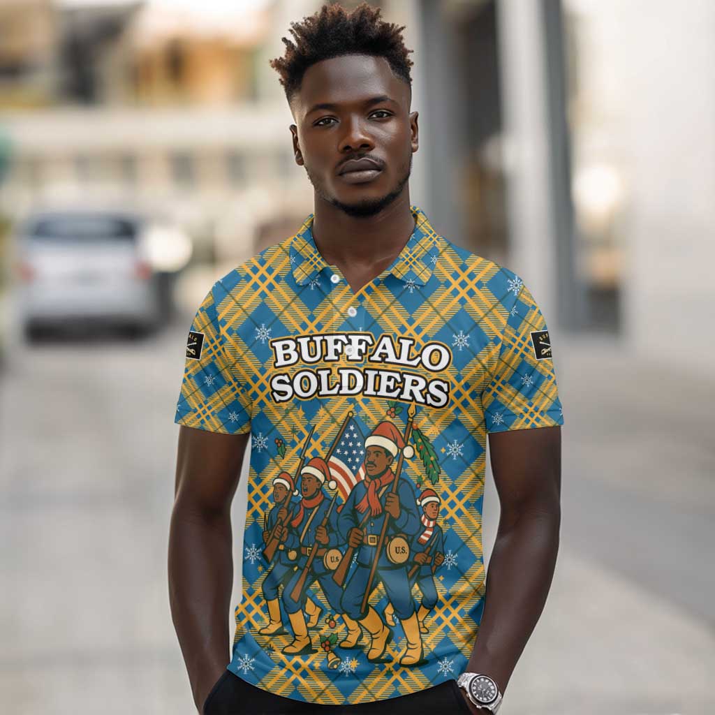 Buffalo Soldiers Christmas Polo Shirt Blue Yellow Plaid Parade Illustration Design - African Pride