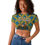 Buffalo Soldiers Christmas Raglan Cropped T shirt Blue Yellow Plaid Parade Illustration Design - African Pride