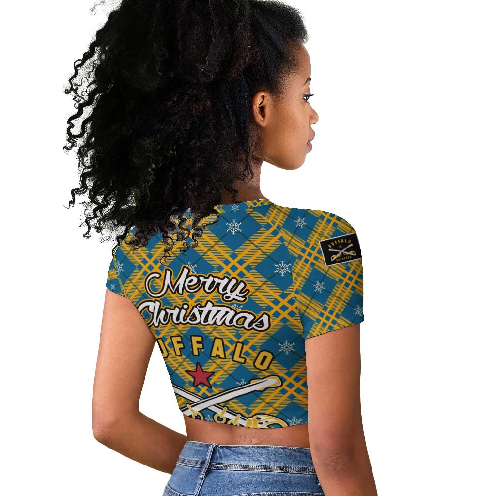 Buffalo Soldiers Christmas Raglan Cropped T shirt Blue Yellow Plaid Parade Illustration Design - African Pride