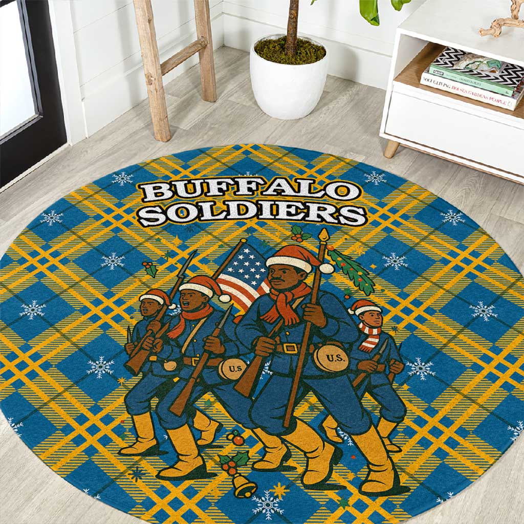 Buffalo Soldiers Christmas Round Carpet Blue Yellow Plaid Parade Illustration Design - African Pride