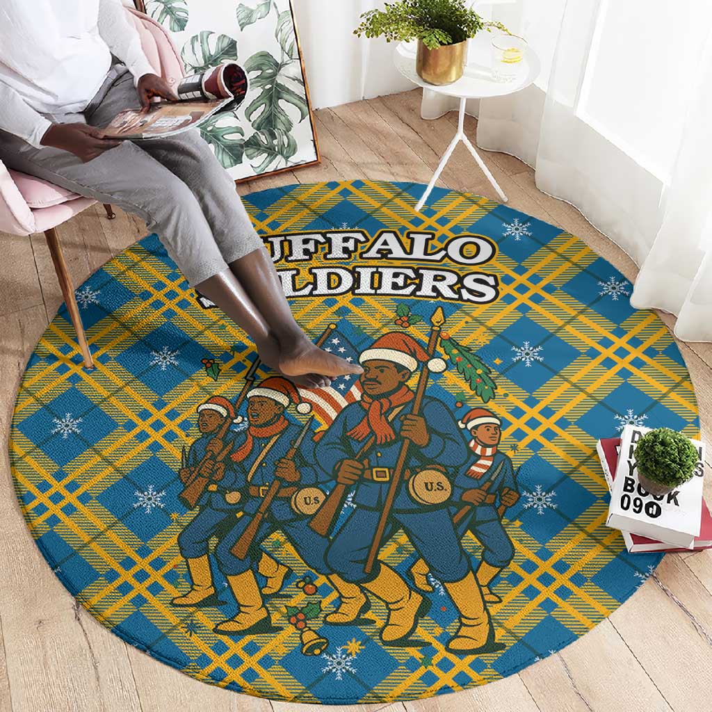 Buffalo Soldiers Christmas Round Carpet Blue Yellow Plaid Parade Illustration Design - African Pride