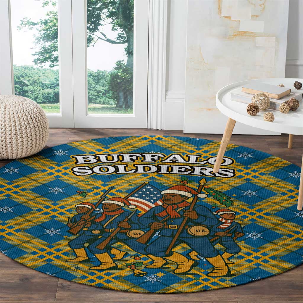 Buffalo Soldiers Christmas Round Carpet Blue Yellow Plaid Parade Illustration Design - African Pride