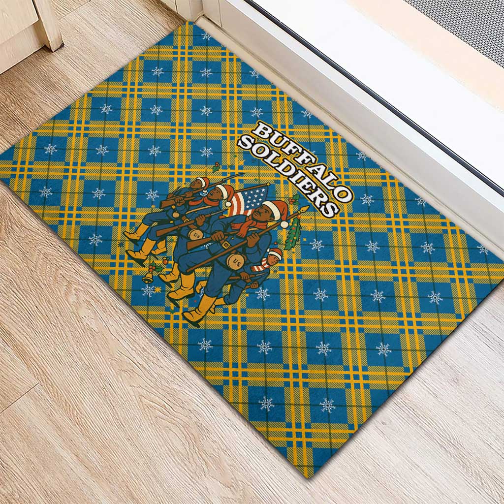 Buffalo Soldiers Christmas Rubber Doormat Blue Yellow Plaid Parade Illustration Design - African Pride