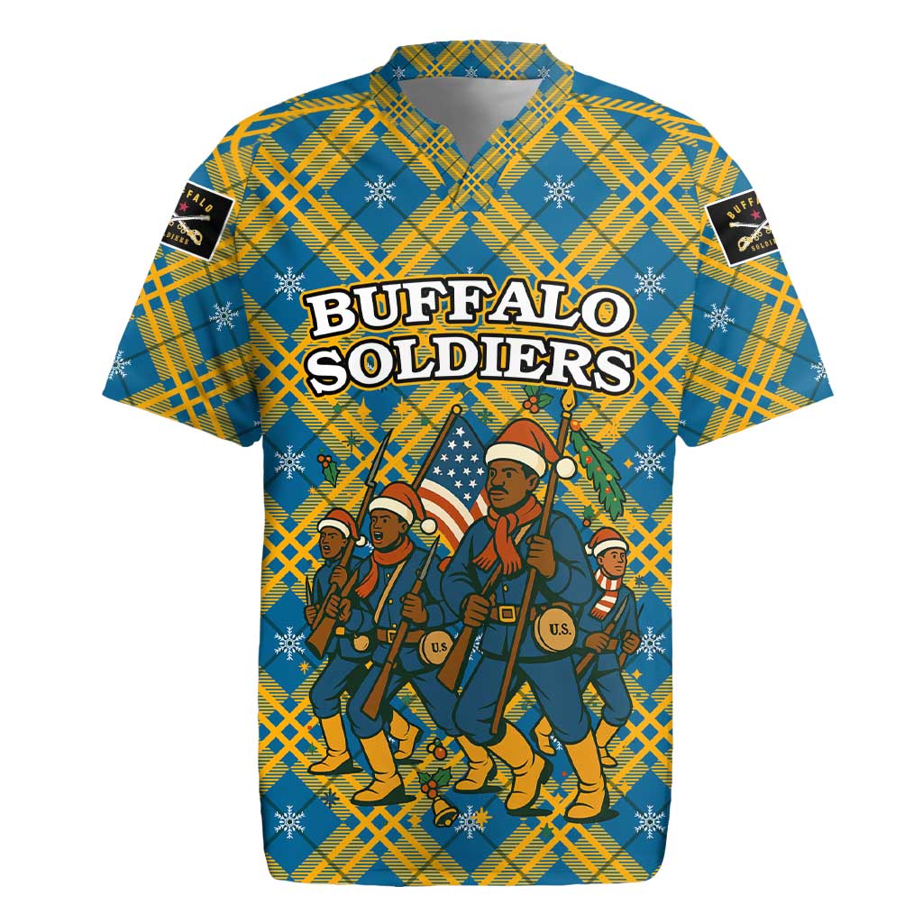 Buffalo Soldiers Christmas Rugby Jersey Blue Yellow Plaid Parade Illustration Design - African Pride