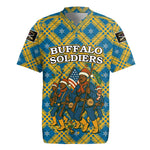 Buffalo Soldiers Christmas Rugby Jersey Blue Yellow Plaid Parade Illustration Design - African Pride