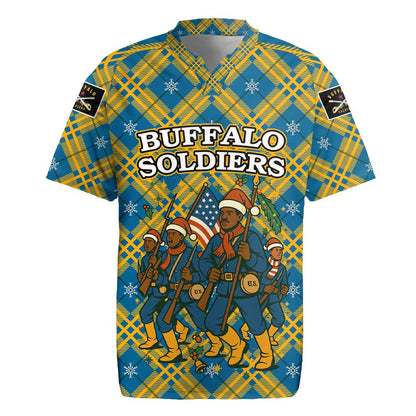 Buffalo Soldiers Christmas Rugby Jersey Blue Yellow Plaid Parade Illustration Design - African Pride