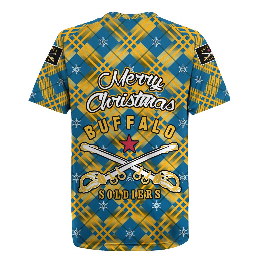 Buffalo Soldiers Christmas Rugby Jersey Blue Yellow Plaid Parade Illustration Design - African Pride