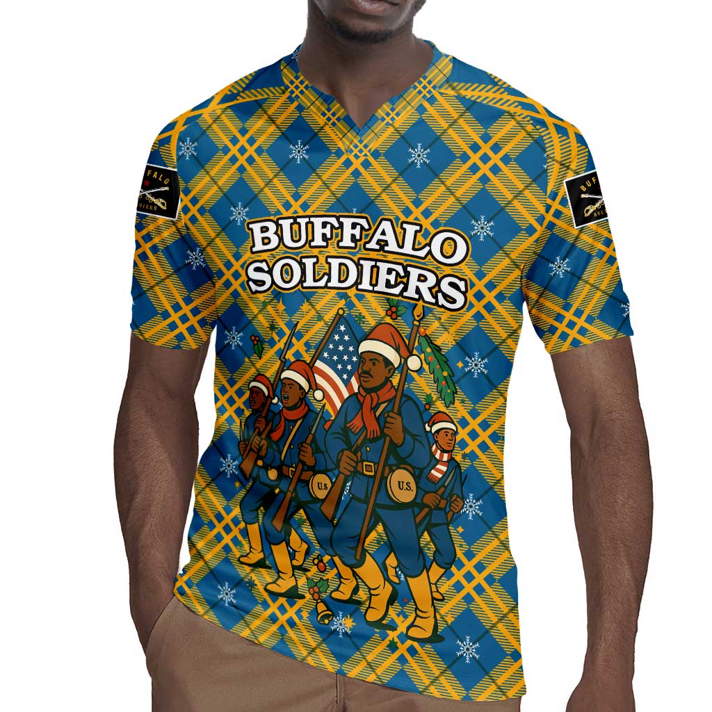 Buffalo Soldiers Christmas Rugby Jersey Blue Yellow Plaid Parade Illustration Design - African Pride