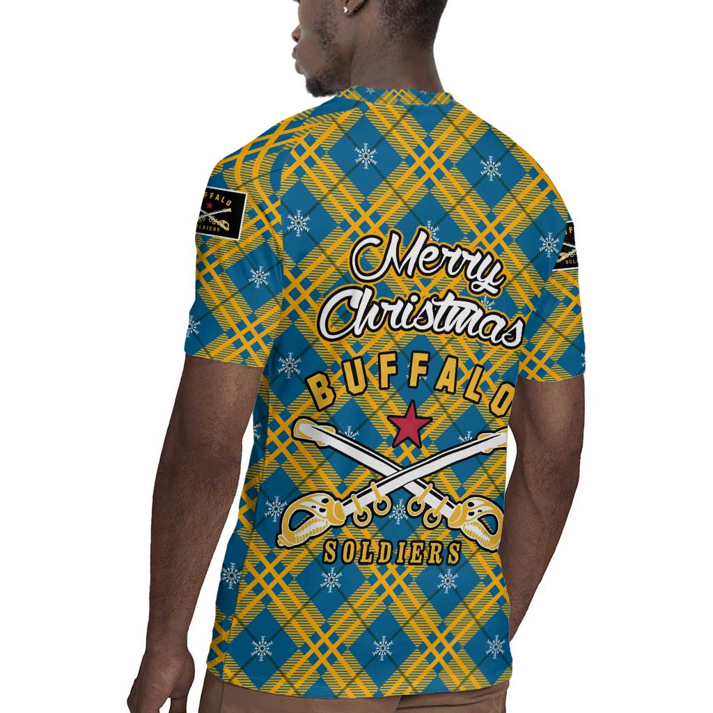 Buffalo Soldiers Christmas Rugby Jersey Blue Yellow Plaid Parade Illustration Design - African Pride