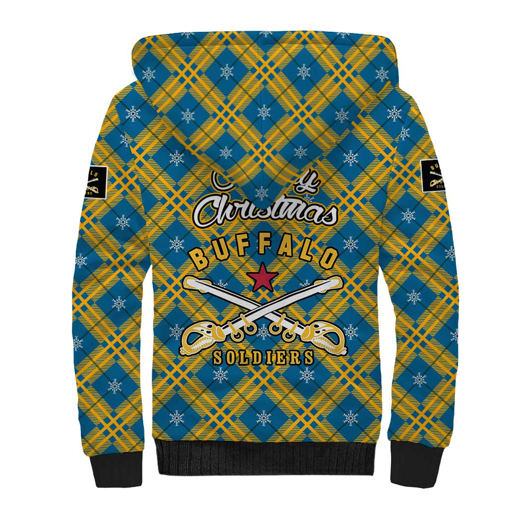Buffalo Soldiers Christmas Sherpa Hoodie Blue Yellow Plaid Parade Illustration Design - African Pride