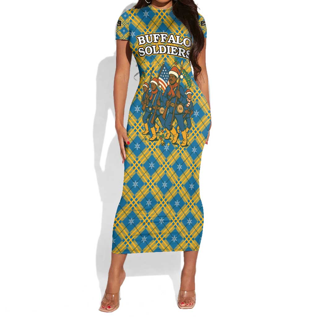 Buffalo Soldiers Christmas Short Sleeve Bodycon Dress Blue Yellow Plaid Parade Illustration Design - African Pride
