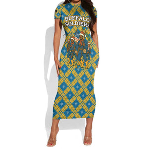 Buffalo Soldiers Christmas Short Sleeve Bodycon Dress Blue Yellow Plaid Parade Illustration Design - African Pride