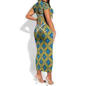 Buffalo Soldiers Christmas Short Sleeve Bodycon Dress Blue Yellow Plaid Parade Illustration Design - African Pride