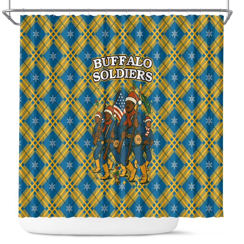 Buffalo Soldiers Christmas Shower Curtain Blue Yellow Plaid Parade Illustration Design - African Pride