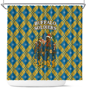 Buffalo Soldiers Christmas Shower Curtain Blue Yellow Plaid Parade Illustration Design - African Pride