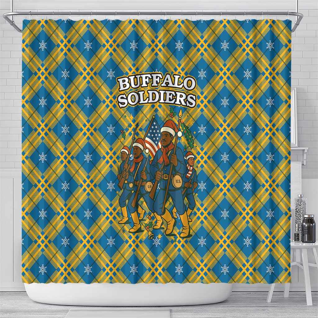 Buffalo Soldiers Christmas Shower Curtain Blue Yellow Plaid Parade Illustration Design - African Pride