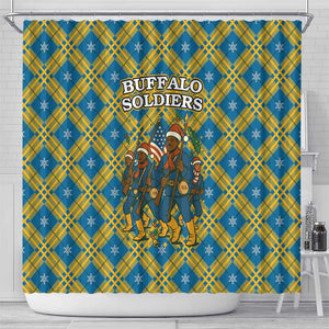 Buffalo Soldiers Christmas Shower Curtain Blue Yellow Plaid Parade Illustration Design - African Pride