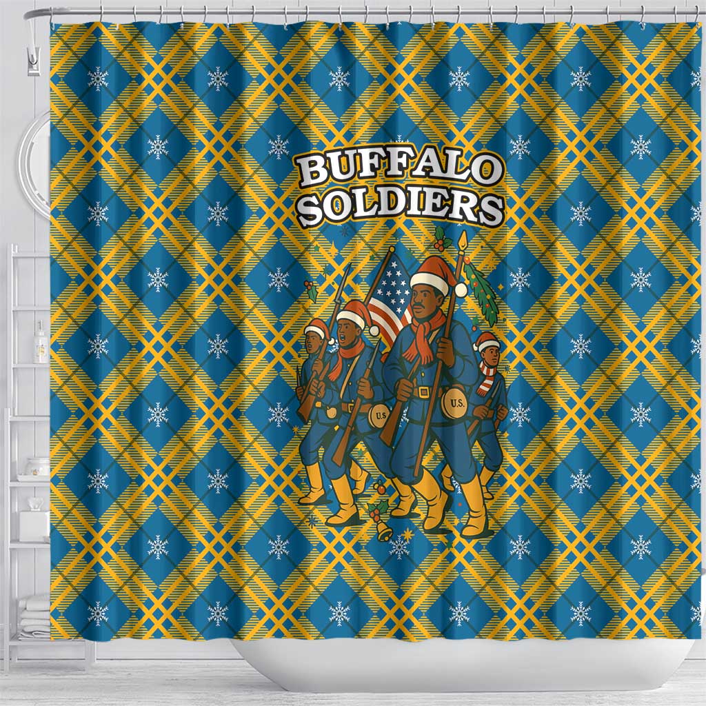 Buffalo Soldiers Christmas Shower Curtain Blue Yellow Plaid Parade Illustration Design - African Pride