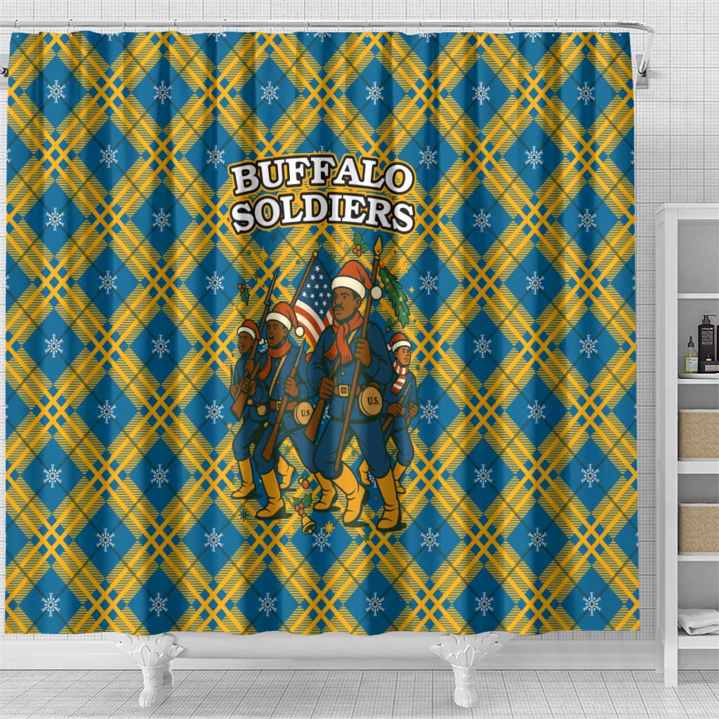 Buffalo Soldiers Christmas Shower Curtain Blue Yellow Plaid Parade Illustration Design - African Pride