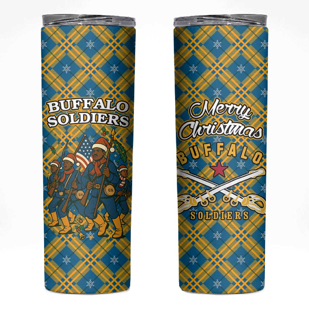 Buffalo Soldiers Christmas Skinny Tumbler Blue Yellow Plaid Parade Illustration Design - African Pride