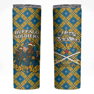 Buffalo Soldiers Christmas Skinny Tumbler Blue Yellow Plaid Parade Illustration Design - African Pride