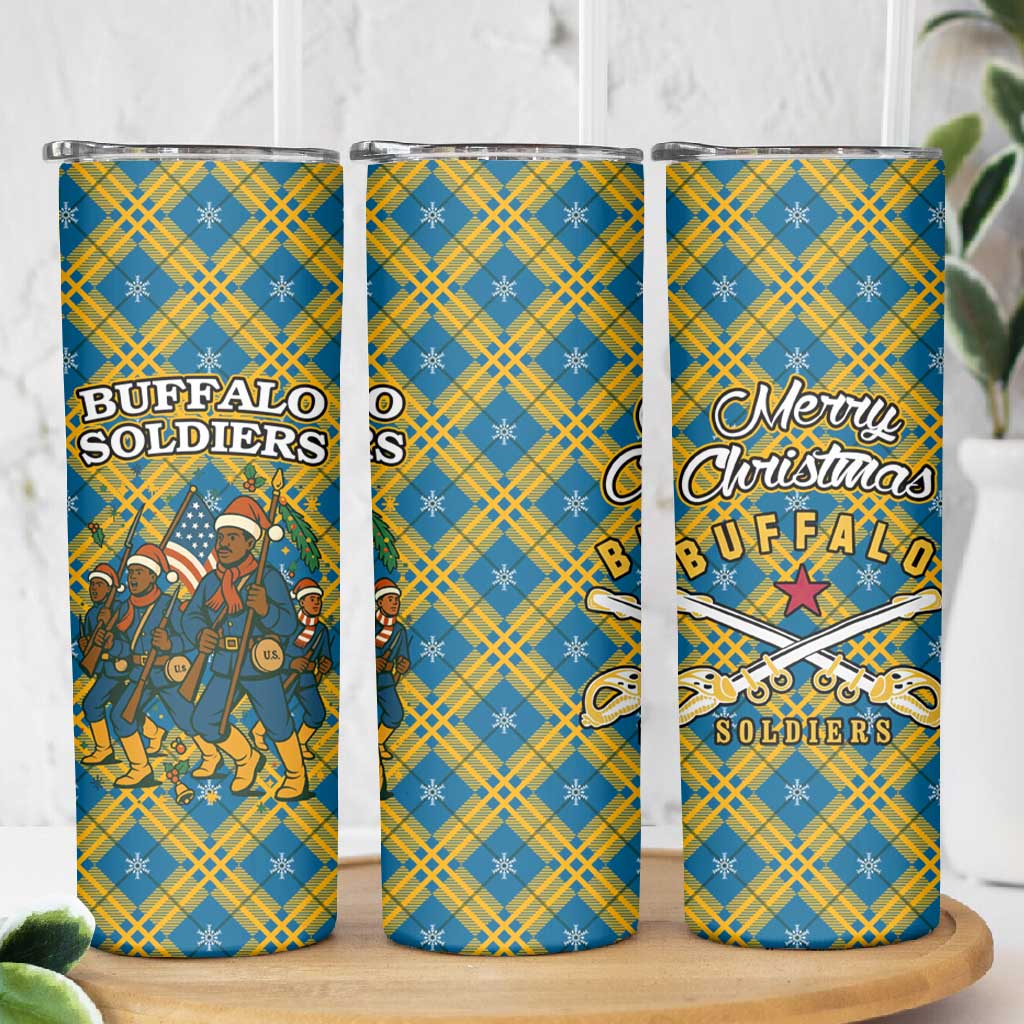 Buffalo Soldiers Christmas Skinny Tumbler Blue Yellow Plaid Parade Illustration Design - African Pride