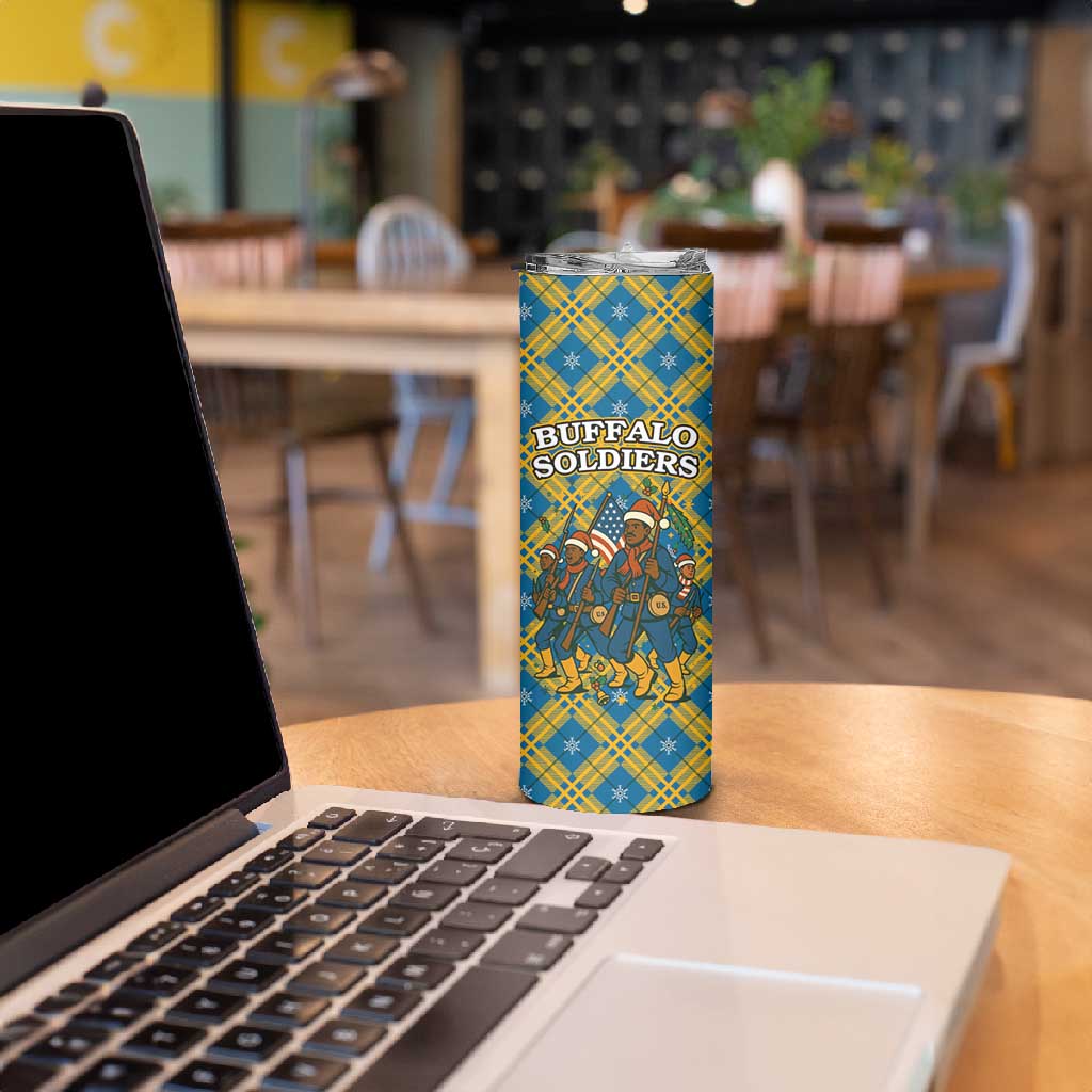 Buffalo Soldiers Christmas Skinny Tumbler Blue Yellow Plaid Parade Illustration Design - African Pride