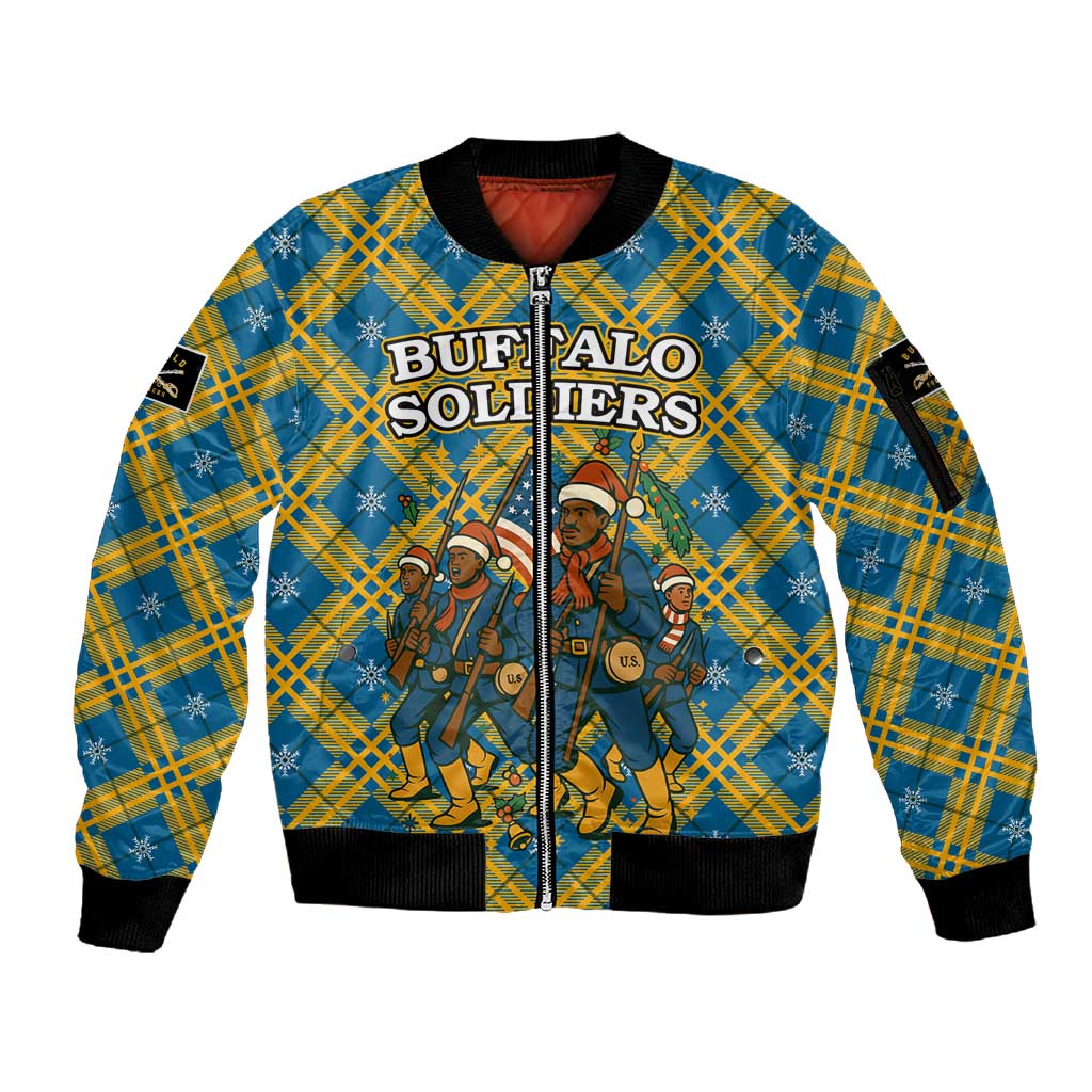 Buffalo Soldiers Christmas Sleeve Zip Bomber Jacket Blue Yellow Plaid Parade Illustration Design - African Pride