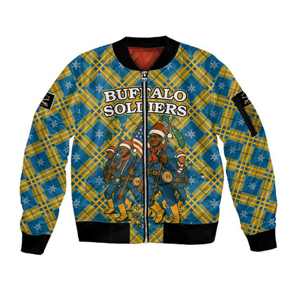 Buffalo Soldiers Christmas Sleeve Zip Bomber Jacket Blue Yellow Plaid Parade Illustration Design - African Pride