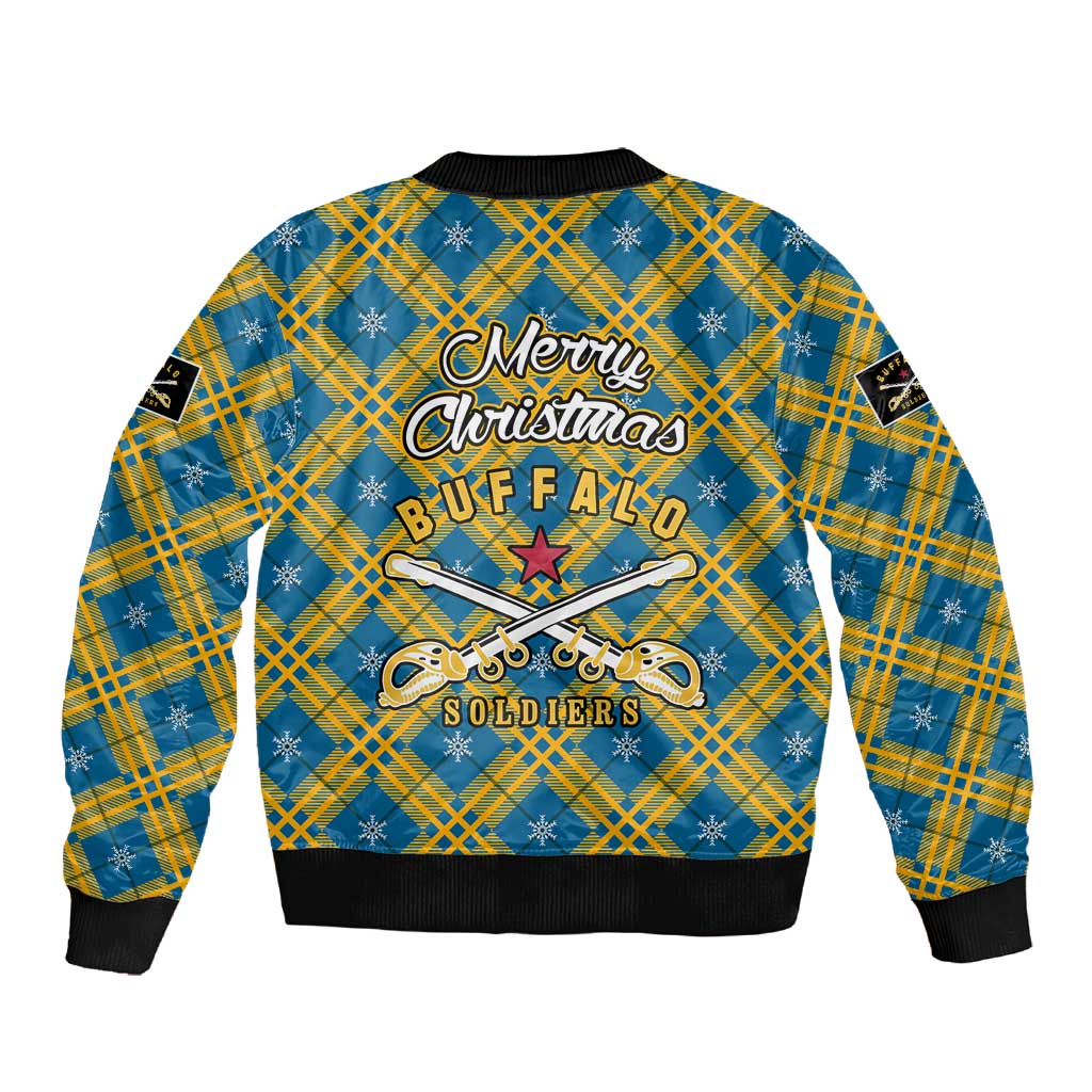 Buffalo Soldiers Christmas Sleeve Zip Bomber Jacket Blue Yellow Plaid Parade Illustration Design - African Pride