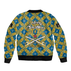 Buffalo Soldiers Christmas Sleeve Zip Bomber Jacket Blue Yellow Plaid Parade Illustration Design - African Pride