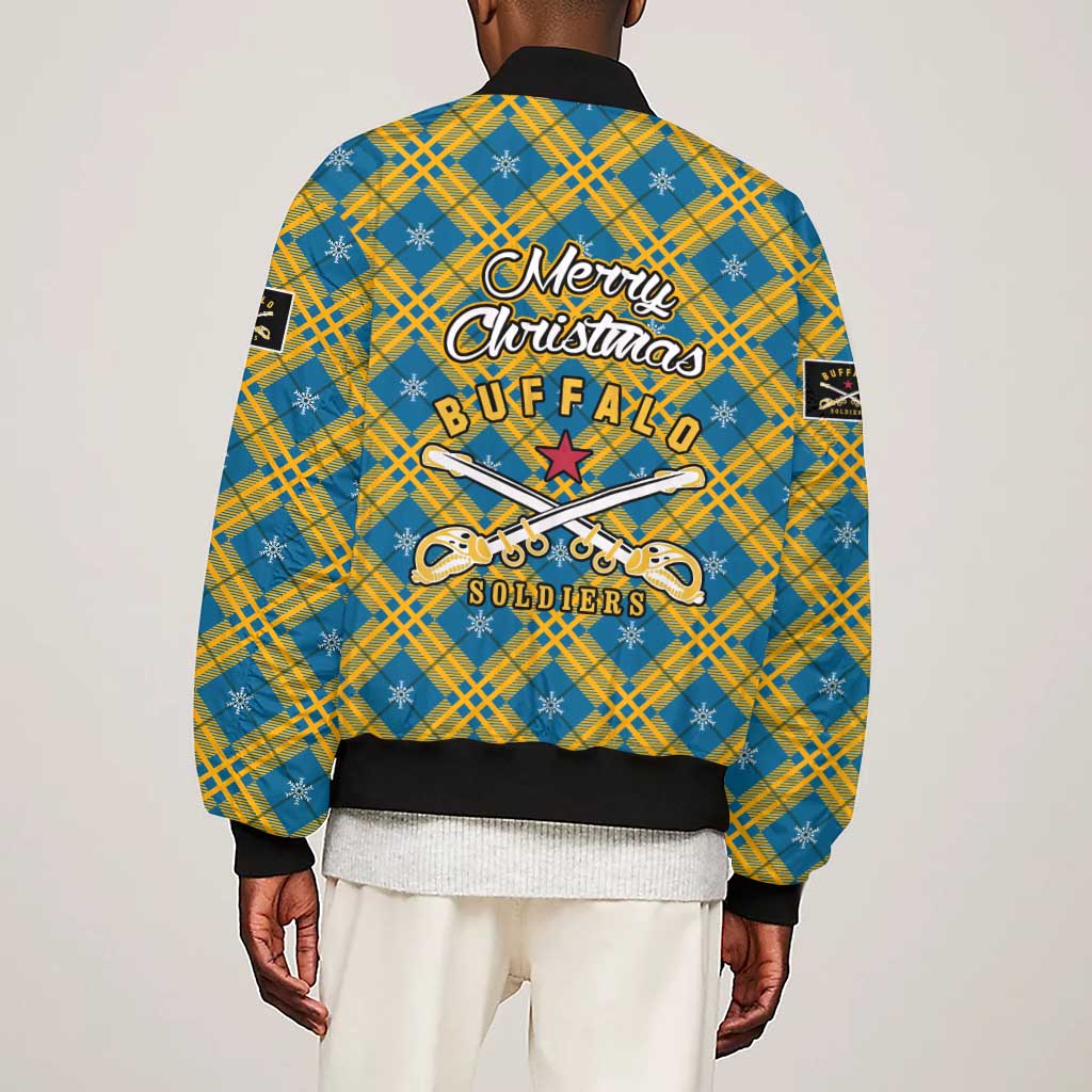 Buffalo Soldiers Christmas Sleeve Zip Bomber Jacket Blue Yellow Plaid Parade Illustration Design - African Pride