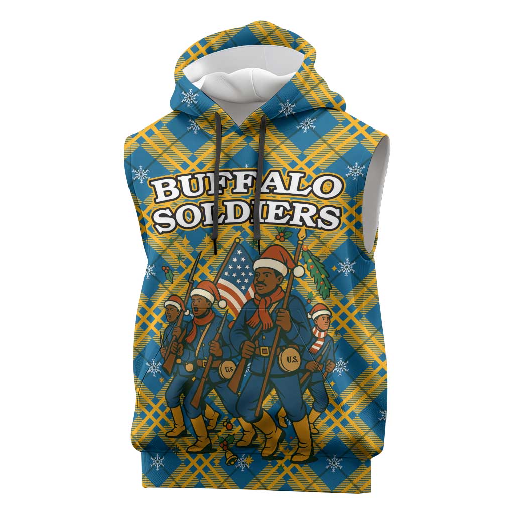 Buffalo Soldiers Christmas Sleeveless Hoodie Blue Yellow Plaid Parade Illustration Design - African Pride