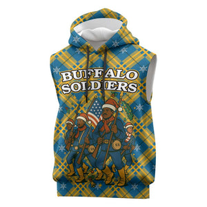 Buffalo Soldiers Christmas Sleeveless Hoodie Blue Yellow Plaid Parade Illustration Design - African Pride
