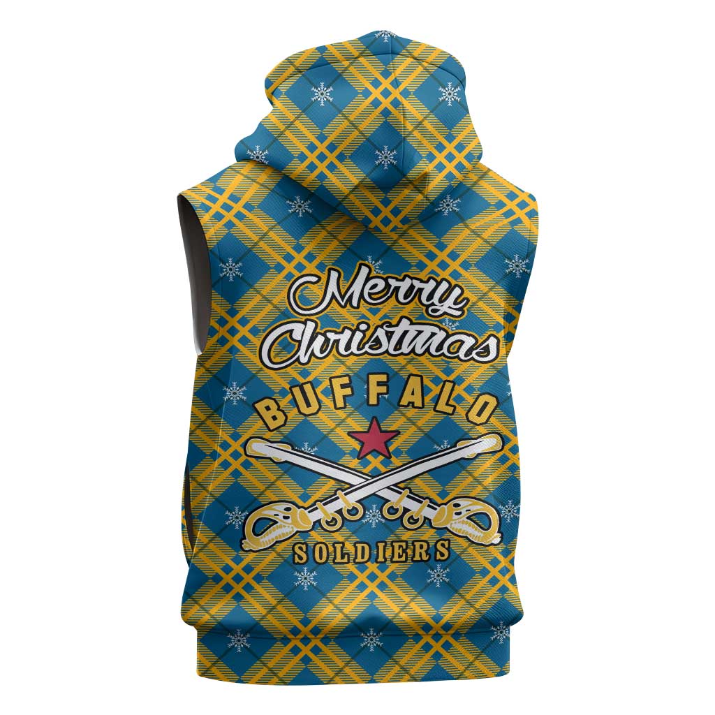 Buffalo Soldiers Christmas Sleeveless Hoodie Blue Yellow Plaid Parade Illustration Design - African Pride