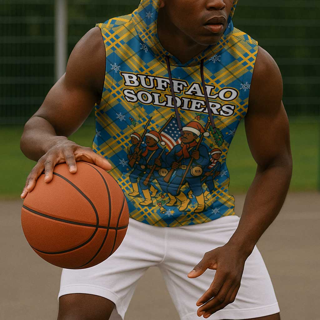 Buffalo Soldiers Christmas Sleeveless Hoodie Blue Yellow Plaid Parade Illustration Design - African Pride