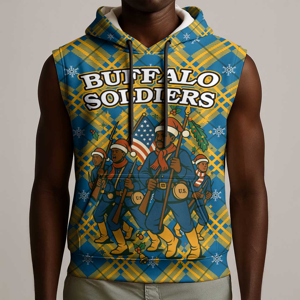Buffalo Soldiers Christmas Sleeveless Hoodie Blue Yellow Plaid Parade Illustration Design - African Pride