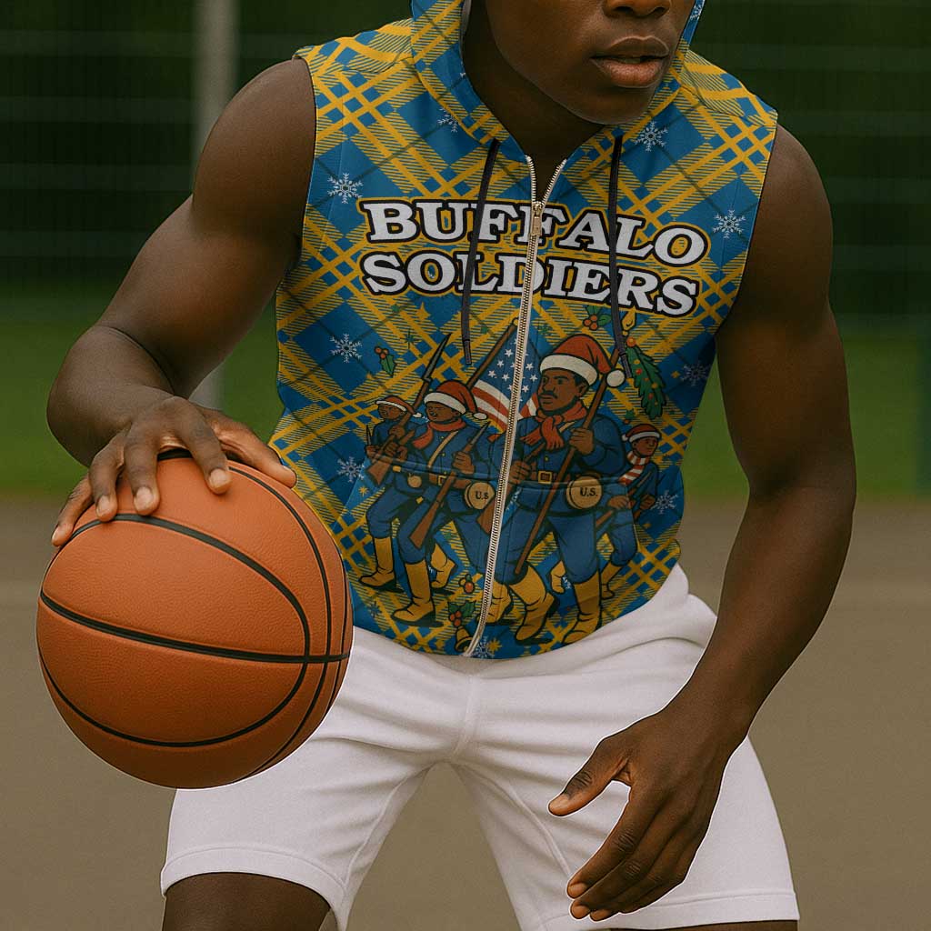 Buffalo Soldiers Christmas Sleeveless Zip Hoodie Blue Yellow Plaid Parade Illustration Design - African Pride