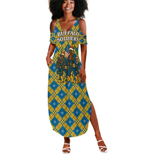 Buffalo Soldiers Christmas Summer Maxi Dress Blue Yellow Plaid Parade Illustration Design - African Pride