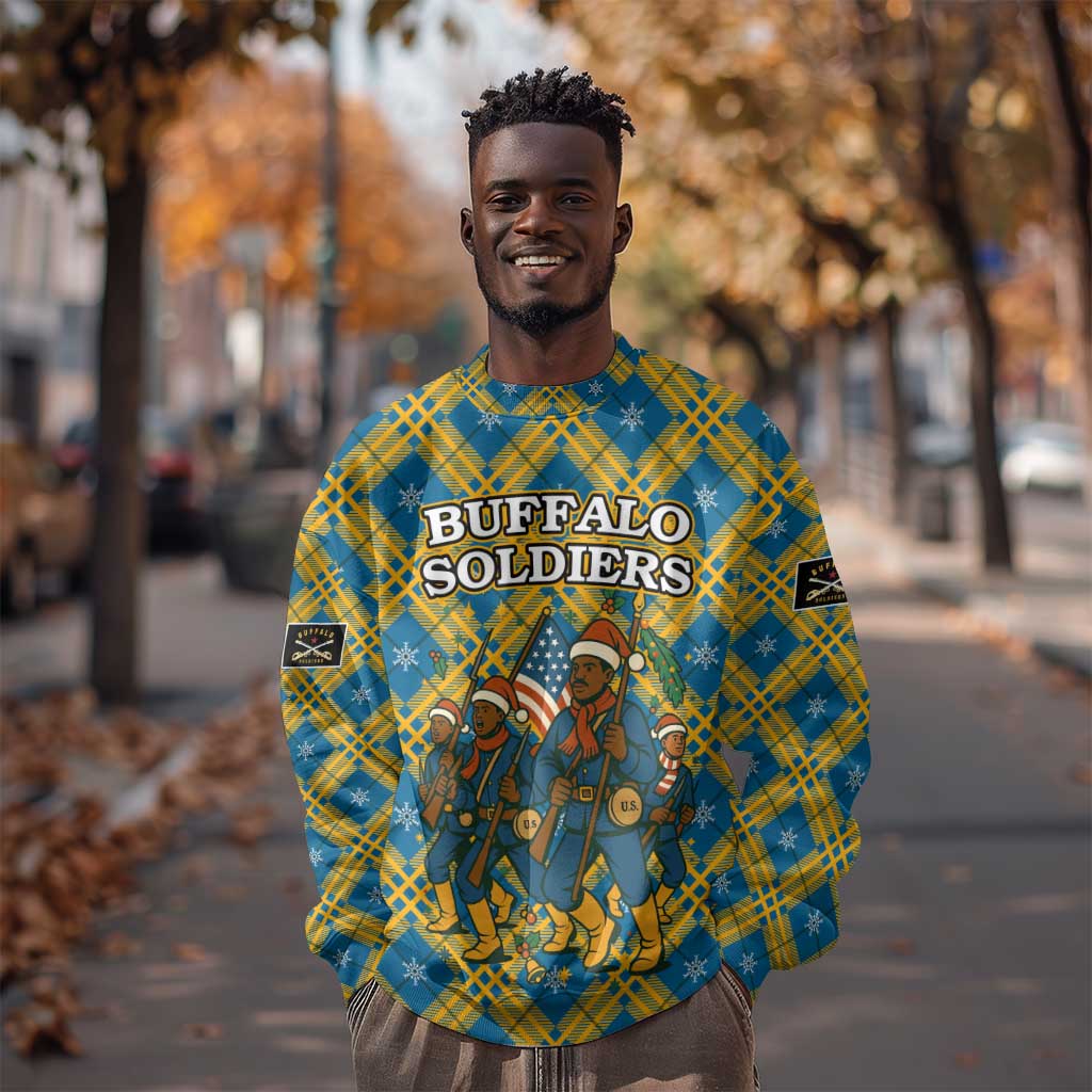 Buffalo Soldiers Christmas Sweatshirt Blue Yellow Plaid Parade Illustration Design - African Pride