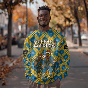 Buffalo Soldiers Christmas Sweatshirt Blue Yellow Plaid Parade Illustration Design - African Pride
